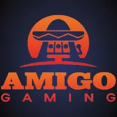 โลโก้ Amigo Gaming ตัวอักษรสีส้มบนพื้นน้ำเงินเข้ม