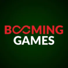 โลโก้ Booming Games ตัวอักษรสีแดงและขาวบนพื้นเขียว