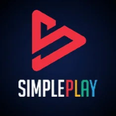 โลโก้ SimplePlay รูปสามเหลี่ยมสีแดงบนพื้นกรมท่า