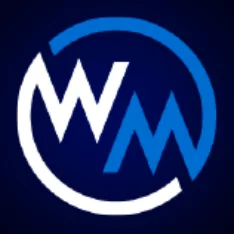 โลโก้ WM วงกลมสีฟ้าสดใสบนพื้นหลังสีกรมท่า